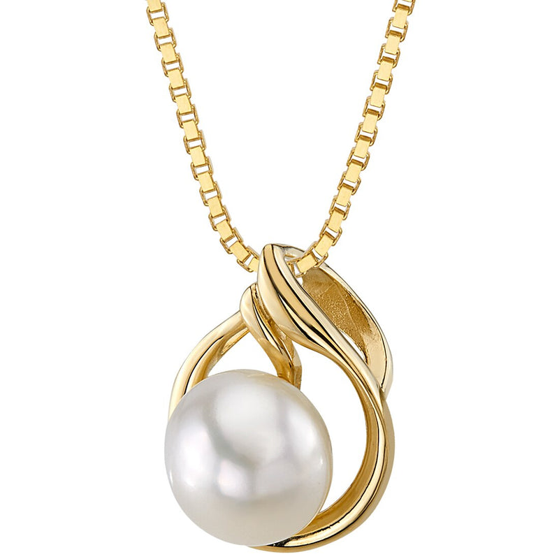 Freshwater Cultured 7mm White Pearl Slider Solitaire Pendant Necklace 14K Yellow Gold