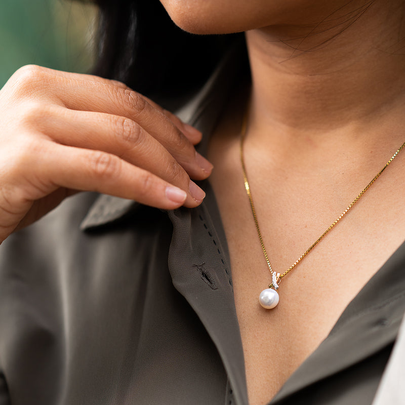 Freshwater Cultured White Pearl Pendant In 14K Yellow Gold Round Button Shape 9Mm Open Infinity Solitaire P10174 on a model or additional view