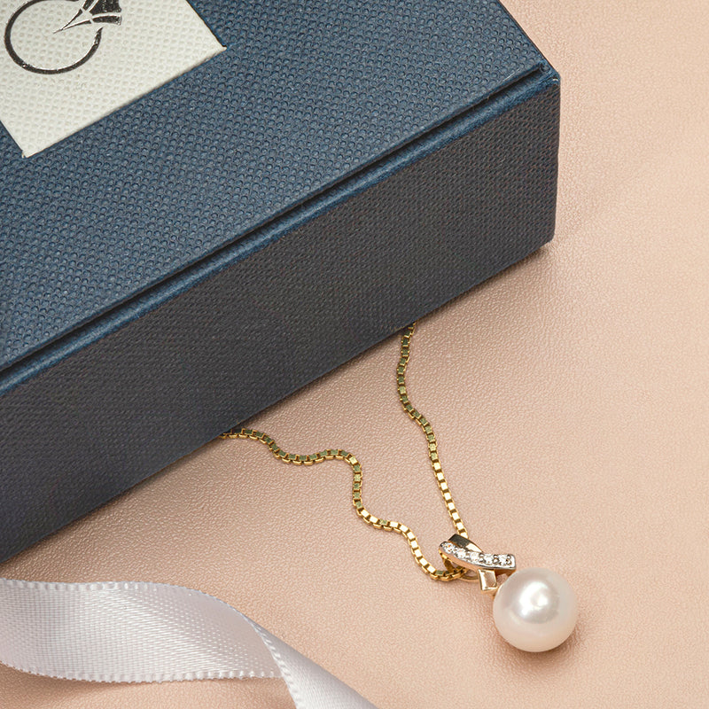 Freshwater Cultured White Pearl Pendant In 14K Yellow Gold Round Button Shape 9Mm Open Infinity Solitaire P10174 complimentary gift box