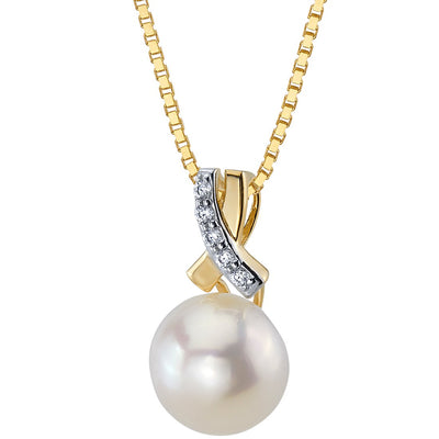 Freshwater Cultured 9mm White Pearl Open Infinity Solitaire Pendant Necklace 14K Yellow Gold