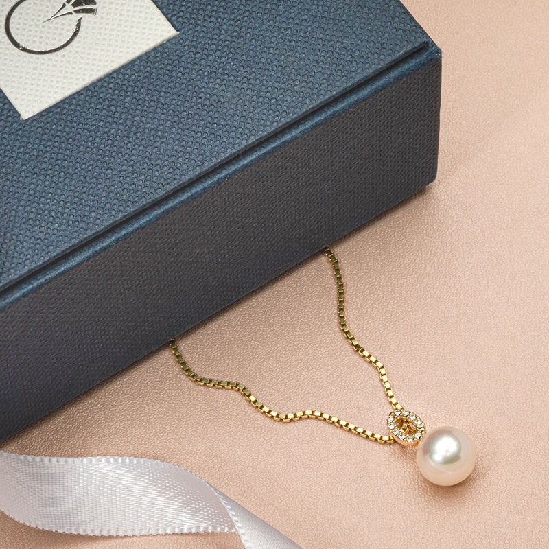 Freshwater Cultured White Pearl Pendant In 14K Yellow Gold Round Shape 8Mm Minimalist Solitaire P10176 complimentary gift box