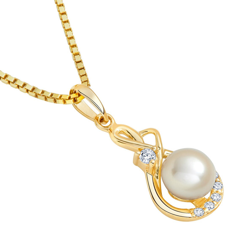 Freshwater Cultured White Pearl Pendant In 14K Yellow Gold Round Button Shape 6Mm Dainty Infinity Swirl Solitaire P10178 alternate view and angle