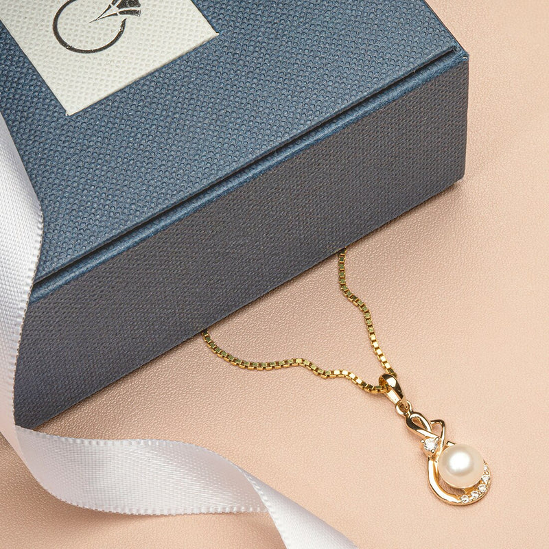 Freshwater Cultured White Pearl Pendant In 14K Yellow Gold Round Button Shape 6Mm Dainty Infinity Swirl Solitaire P10178 complimentary gift box