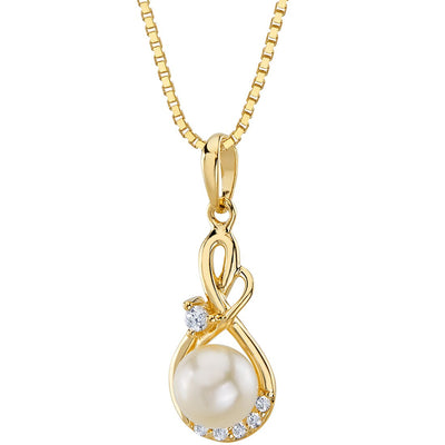Freshwater Cultured 6mm White Pearl Dainty Infinity Swirl Pendant Necklace 14K Yellow Gold