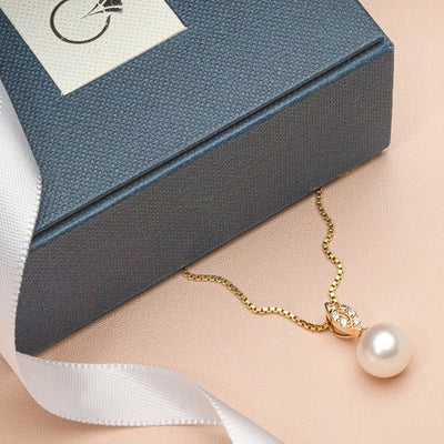 Freshwater Cultured White Pearl Pendant In 14K Yellow Gold Round Shape 9Mm Empress Solitaire P10180 complimentary gift box