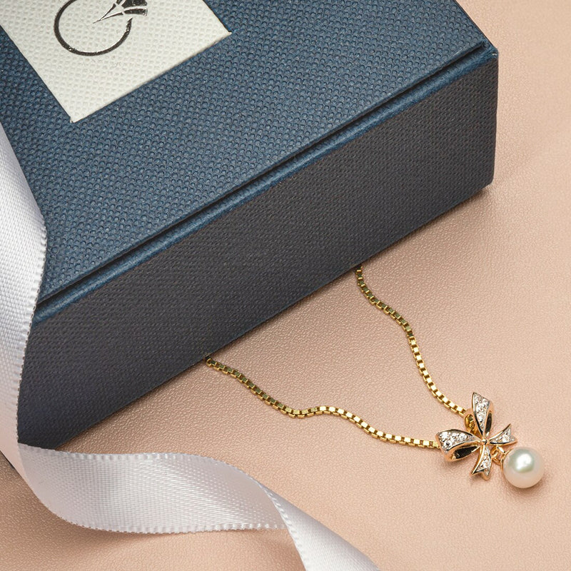 Freshwater Cultured White Pearl Pendant In 14K Yellow Gold Round Shape 5Mm Pretty Bow Tie Dangle Design P10182 complimentary gift box