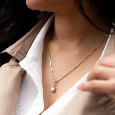 Freshwater Cultured White Pearl Pendant In 14K Yellow Gold Round Button Shape 6Mm Dainty Solitaire P10184 additional view, angle, and on model