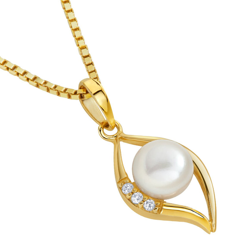 Freshwater Cultured White Pearl Pendant In 14K Yellow Gold Round Button Shape 6Mm Open Leaf Solitaire P10186 alternate view and angle