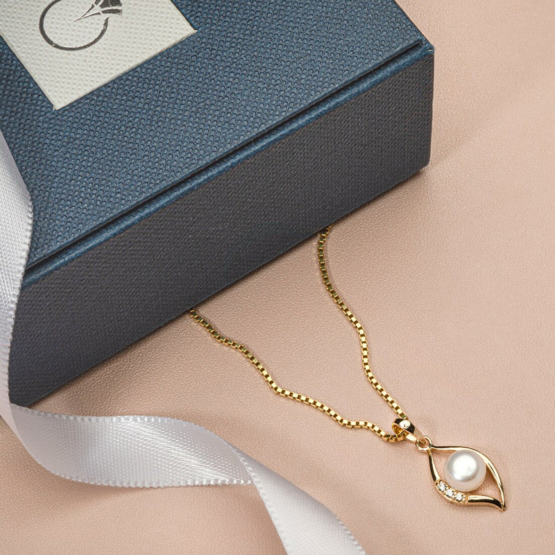 Freshwater Cultured White Pearl Pendant In 14K Yellow Gold Round Button Shape 6Mm Open Leaf Solitaire P10186 complimentary gift box