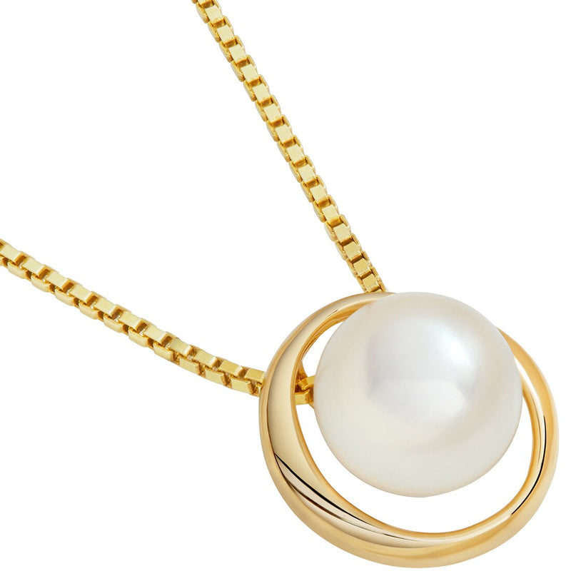 Freshwater Cultured White Pearl Pendant In 14K Yellow Gold Round Button Shape 9Mm Swirl Slider Solitaire P10188 alternate view and angle