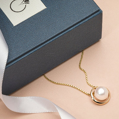 Freshwater Cultured White Pearl Pendant In 14K Yellow Gold Round Button Shape 9Mm Swirl Slider Solitaire P10188 complimentary gift box