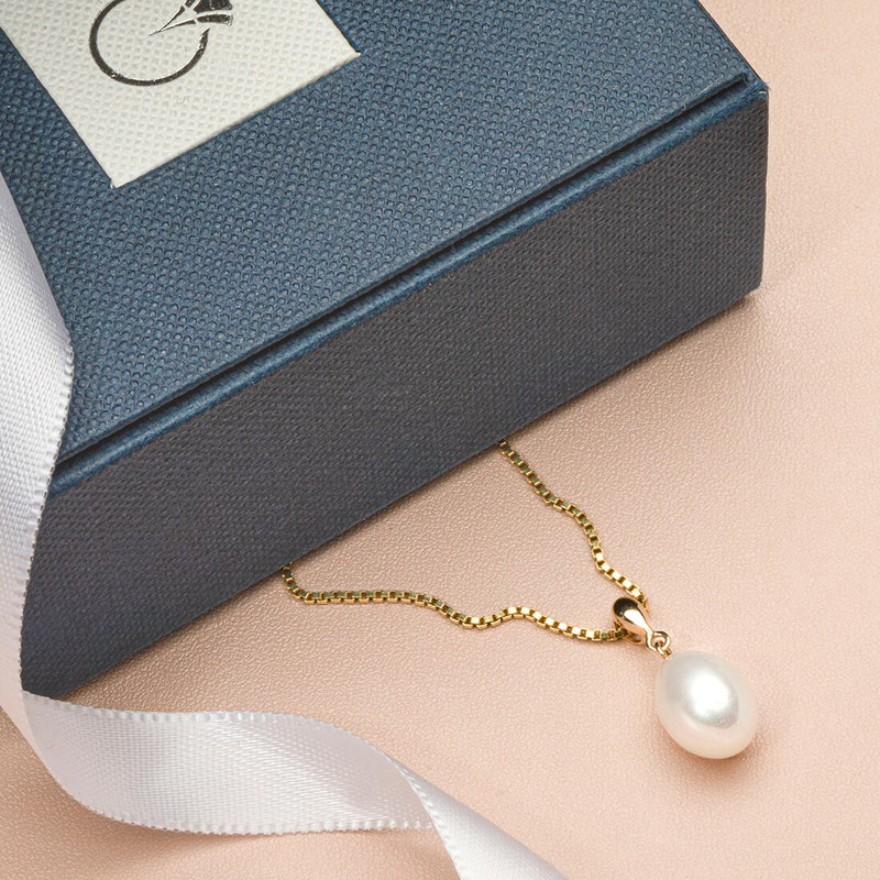 Freshwater Cultured White Pearl Pendant In 14K Yellow Gold Baroque Oval Shape 10X8Mm Dainty Solitaire P10190 complimentary gift box