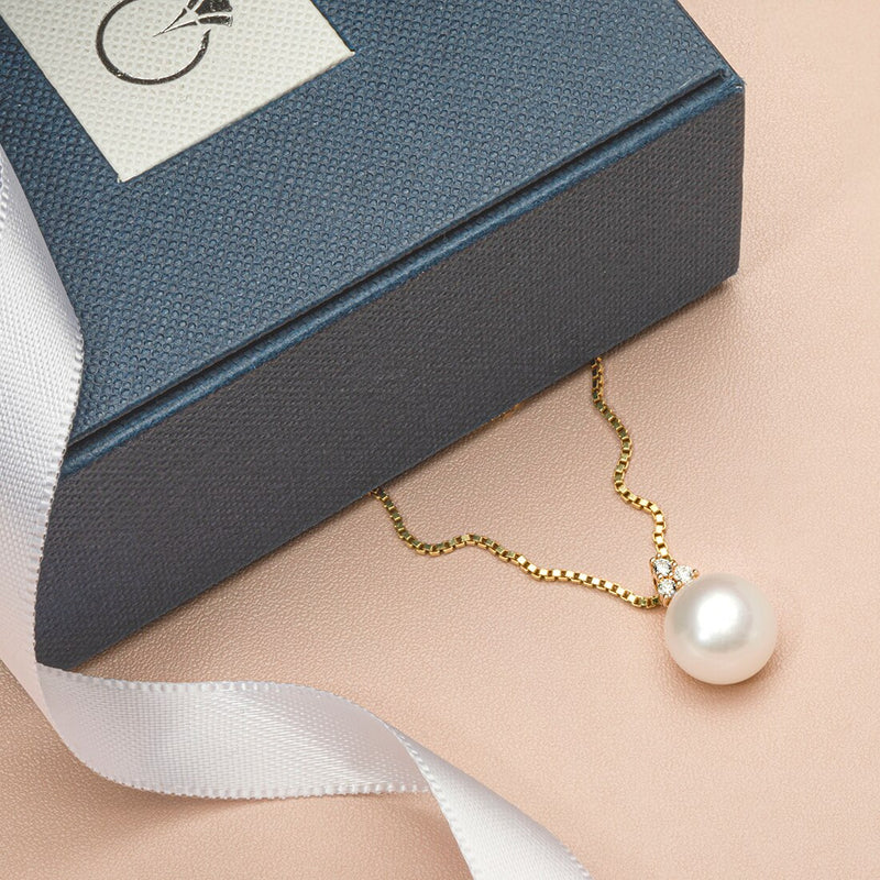 Freshwater Cultured White Pearl Pendant In 14K Yellow Gold Round Button Shape 10Mm Heirloom Slider Solitaire P10192 complimentary gift box
