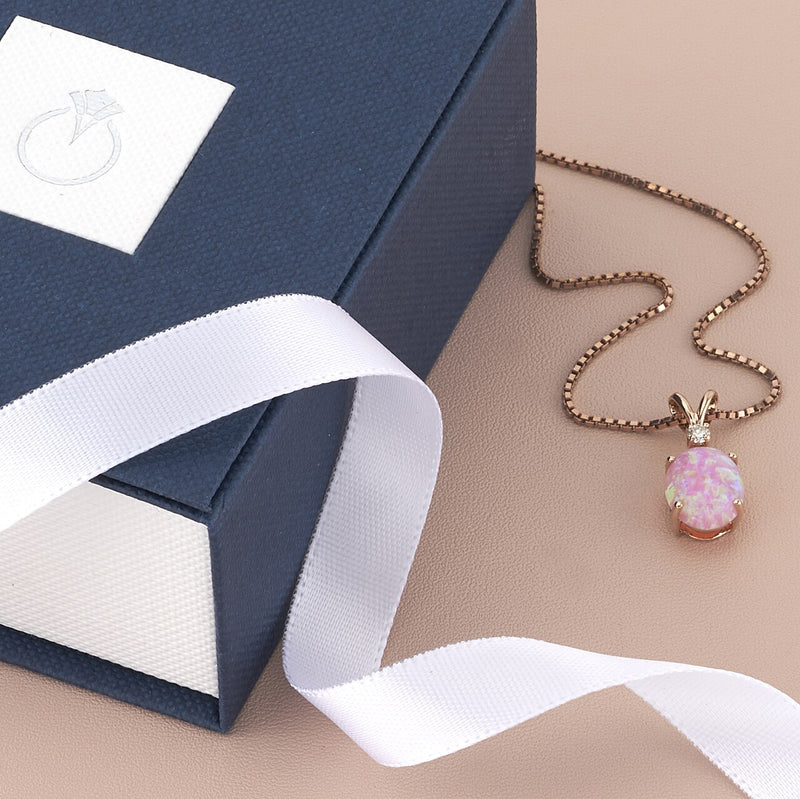 Created Pink Opal And Genuine Diamond Pendant In 14K Rose Gold Oval Shape P10194 complimentary gift box