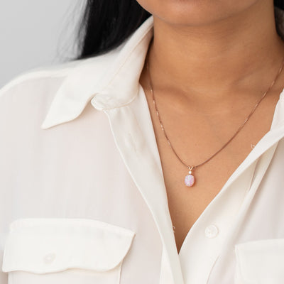 Pink Opal and Diamond Pendant Necklace 14k Rose Gold 1 Carat Oval Shape