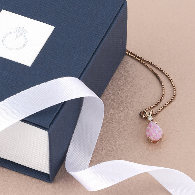 Created Pink Opal And Genuine Diamond Pendant In 14K Rose Gold Pear Shape P10196 complimentary gift box