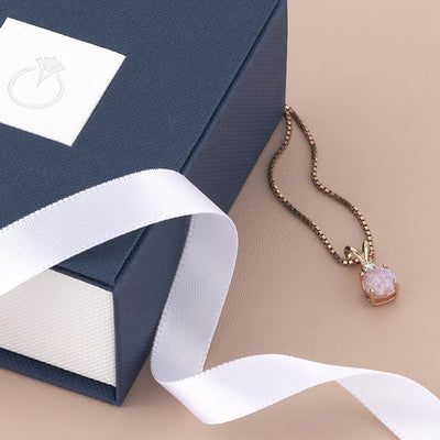 Created Pink Opal And Genuine Diamond Pendant In 14K Rose Gold Round Shape P10198 complimentary gift box