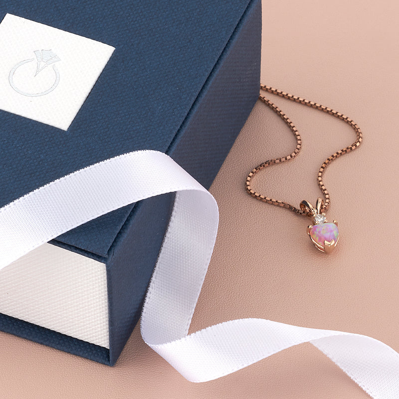 Created Pink Opal and Genuine Diamond Pendant in 14k Rose Gold, Heart Shape P10200-box