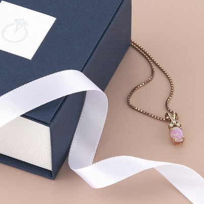 Created Pink Opal And Genuine Diamond Pendant In 14K Rose Gold Oval Shape P10202 complimentary gift box