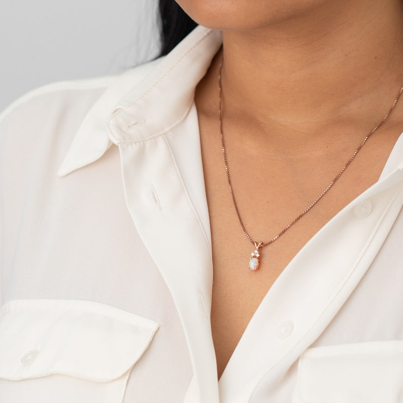 Pink Opal and Diamond Pendant Necklace 14K Rose Gold Oval Shape