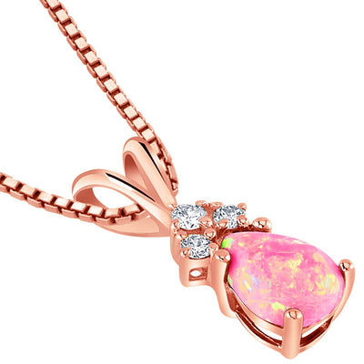 Pear Shape Pink Opal and Diamond Pendant Necklace 14K Rose Gold
