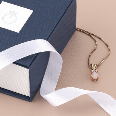 Created Pink Opal And Genuine Diamond Pendant In 14K Rose Gold Pear Shape P10204 complimentary gift box