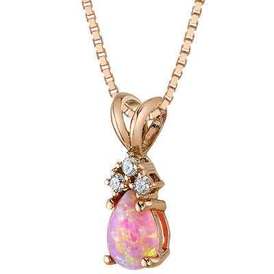 Pear Shape Pink Opal and Diamond Pendant Necklace 14K Rose Gold