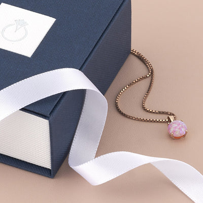 Created Pink Opal Pendant In 14K Rose Gold Round Shape P10206 complimentary gift box