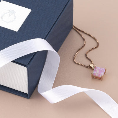 Created Pink Opal Pendant In 14K Rose Gold Princess Cut P10208 complimentary gift box