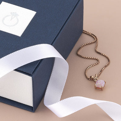 Created Pink Opal Pendant In 14K Rose Gold Cushion Cut P10210 complimentary gift box