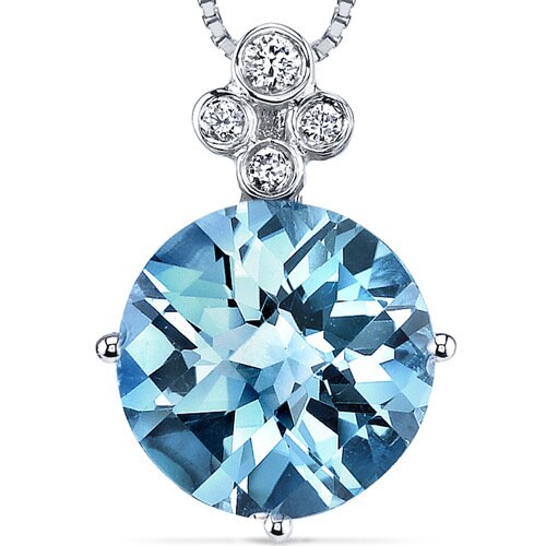 Swiss Blue Topaz and Diamond Pendant Necklace 14K White Gold 4 Carats Round