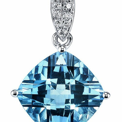 Swiss Blue Topaz and Diamond  Pendant Necklace 14K White Gold 3.50 Carats Cushion Cut