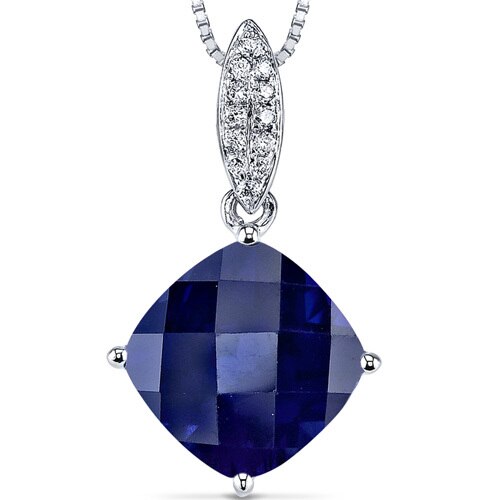 Blue Sapphire and Diamond Pendant Necklace 14K White Gold 4 Carats Cushion Cut
