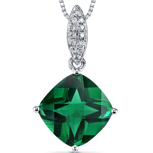 Emerald Pendant Necklace 14 Karat White Gold Cushion 2.5 Carats P8454