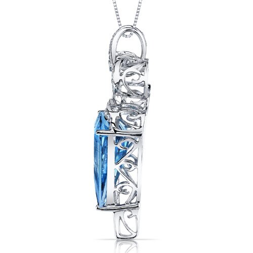 Swiss Blue Topaz and Diamond Pendant Necklace 14K White Gold 11 Carats Fan Cut