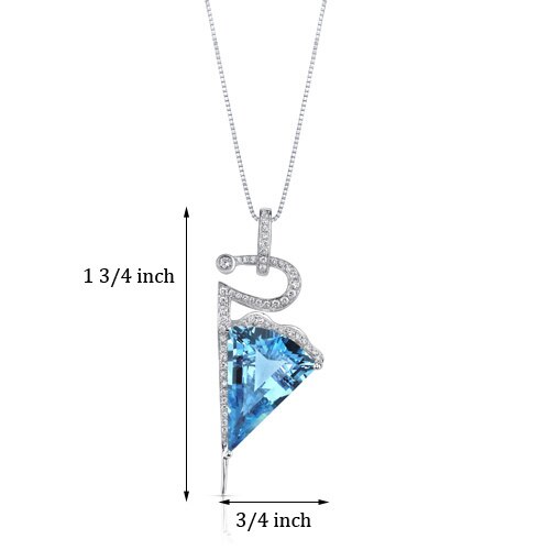 Swiss Blue Topaz and Diamond Pendant Necklace 14K White Gold 11 Carats Fan Cut