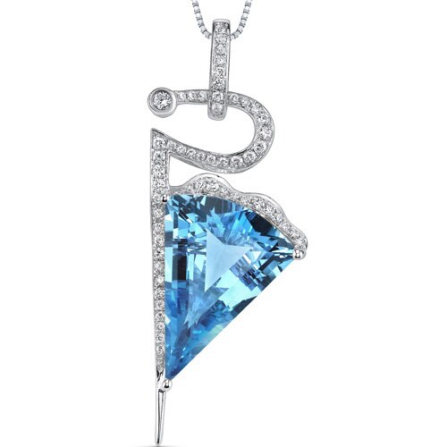 Swiss Blue Topaz and Diamond Pendant Necklace 14K White Gold 11 Carats Fan Cut