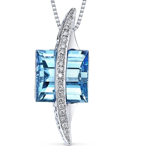 Swiss Blue Topaz and Diamond Pendant Necklace 14K White Gold 7 Carats Square Emerald Cut