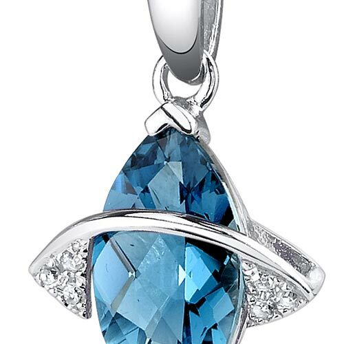 London Blue Topaz and Diamond Pendant Necklace 14K White Gold 1.95 Carats Marquise