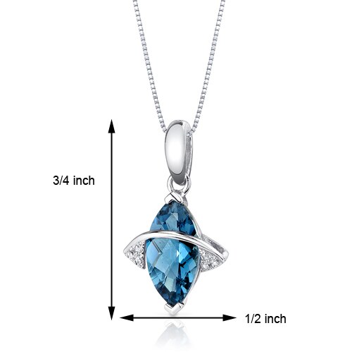 London Blue Topaz and Diamond Pendant Necklace 14K White Gold 1.95 Carats Marquise