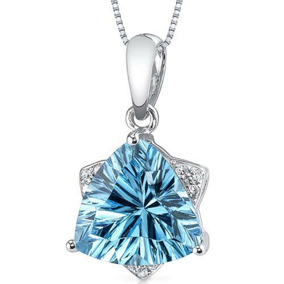 Swiss Blue Topaz and Diamond Pendant Necklace 14K White Gold 2.39 Carats Triangle Shape