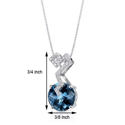 London Blue Topaz and Diamond Pendant Necklace 14K White Gold 3.04 Carats Round Shape