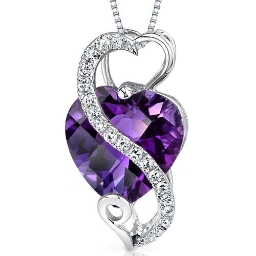 Amethyst and Diamond Pendant Necklace 14K White Gold 2.20 Carats Heart Shape