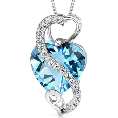 Swiss Blue Topaz and Diamond Pendant Necklace 14K White Gold 3.02 Carats Heart Shape