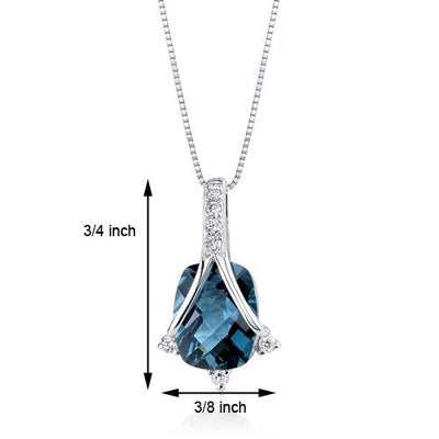 London Blue Topaz and Diamond Pendant Necklace 14K White Gold 2.26 Carats Cushion Cut