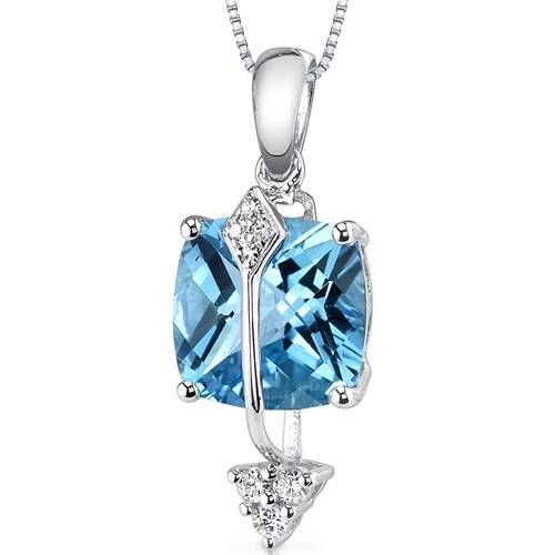 Swiss Blue Topaz and Diamond Pendant Necklace 14K White Gold 2.63 Carat Cushion Cut