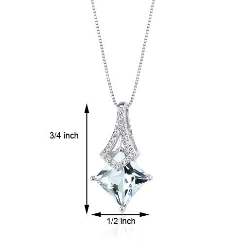Aquamarine and Diamond Pendant Necklace 14K White Gold 1.45 Carats Princess Cut