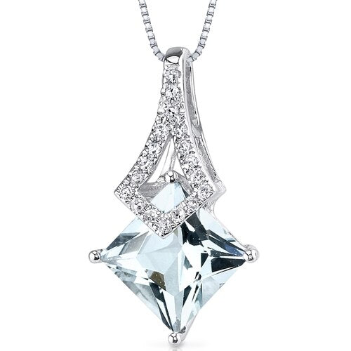 Aquamarine and Diamond Pendant Necklace 14K White Gold 1.45 Carats Princess Cut