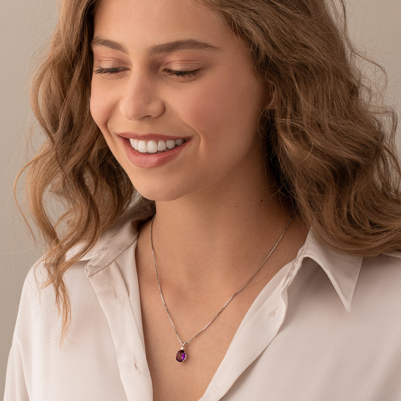 Amethyst and Diamond Pendant Necklace 14K White Gold 2.06 Carats Oval