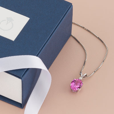 Pink Sapphire and Diamond Pendant Necklace 14K White Gold 3.69 Carats Oval